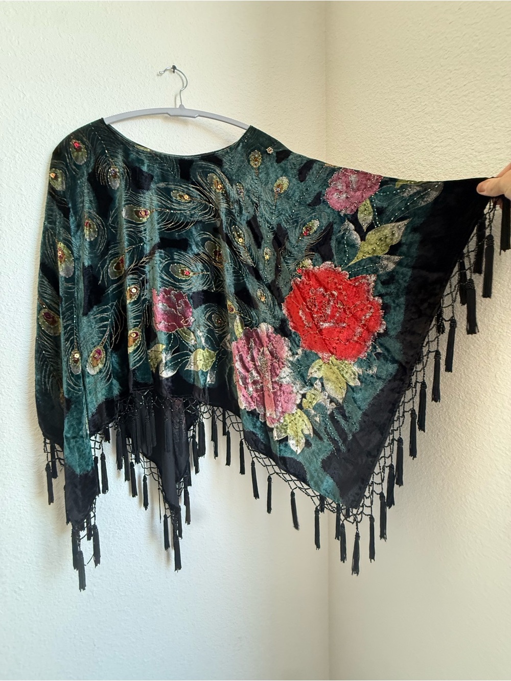 Boho Floral + Peacock Velvet Beaded Fringe Shawl/Poncho w/ Beaded Tassels